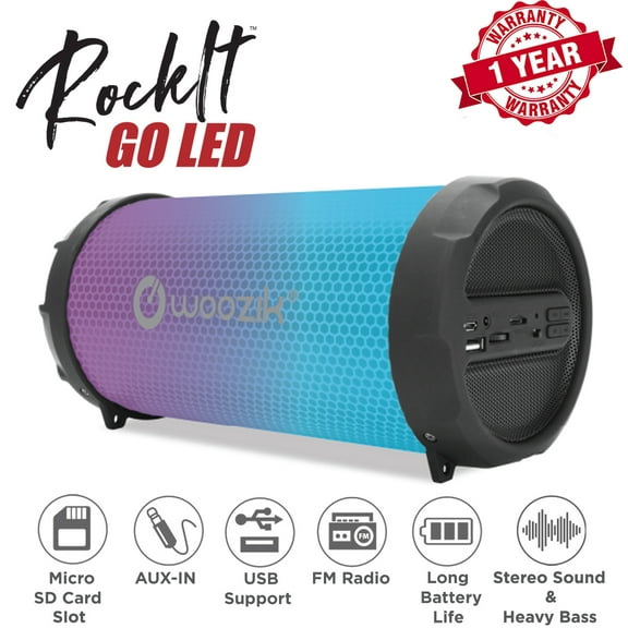 Woozik S213 Portable Loud Party Indoor Outdoor Bluetooth Speaker, Wireless Boombox with Dancing LED Lights, Micro SD Card, USB, AUX, FM Radio, Rechargeable Battery, Strap (LED-Black)