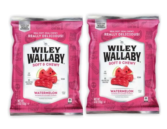 CGT Wiley Wallaby Watermelon Licorice Twist Soft Chewy Fat Free No High Fructose Corn Syrup Vegan Summer Halloween Easter Snack Treat Party Favor Gift Box 4 oz. Bags (Pack of 2)