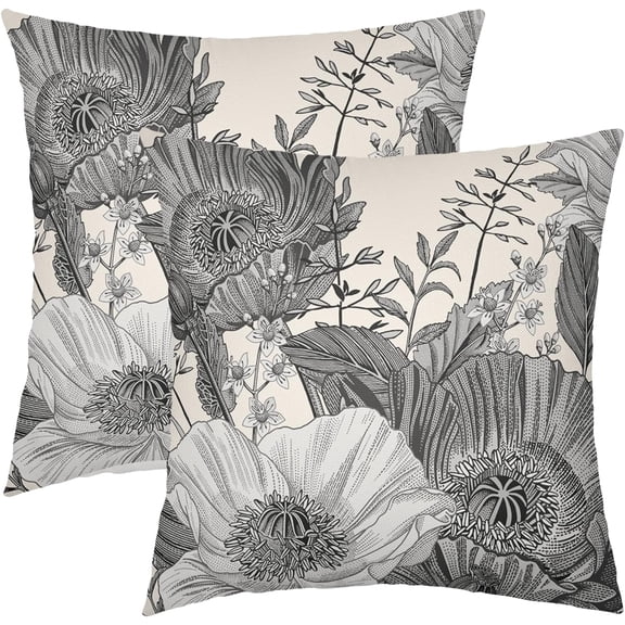 Vintage Flowers Pillow Covers 18x18 Inch Set of 2 Black White Grey Floral Leaves Decorative Square Throw Pillows For Couch Rustic Square Pillow Cases Home Decor For Living Room Sofa Porch Outdoor