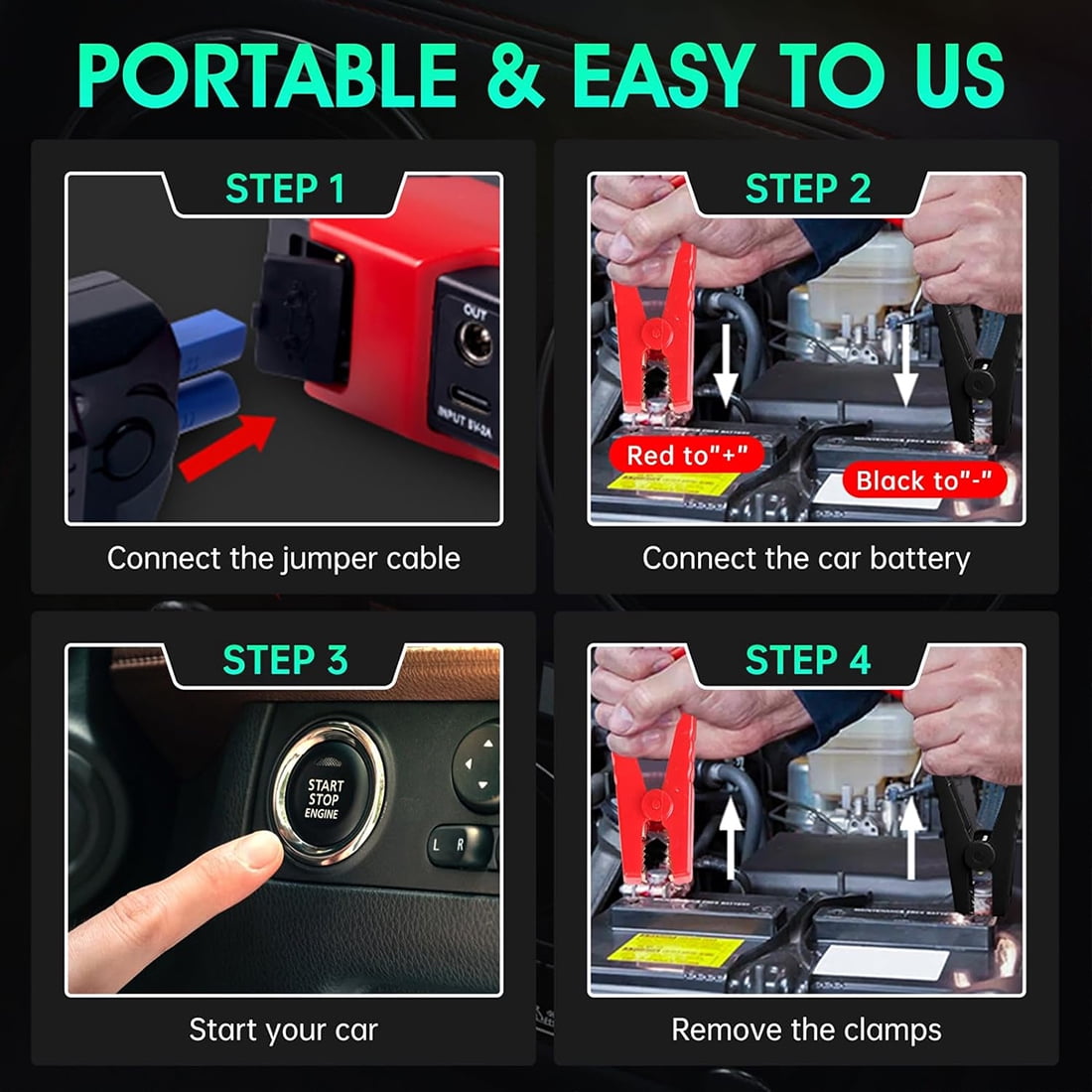 Car Jump Starter Multi-functional CarJump Box 28000mAh Portable Battery Charger Power Bank for Cell Phone, 4 USB Ports, LED Flashlight