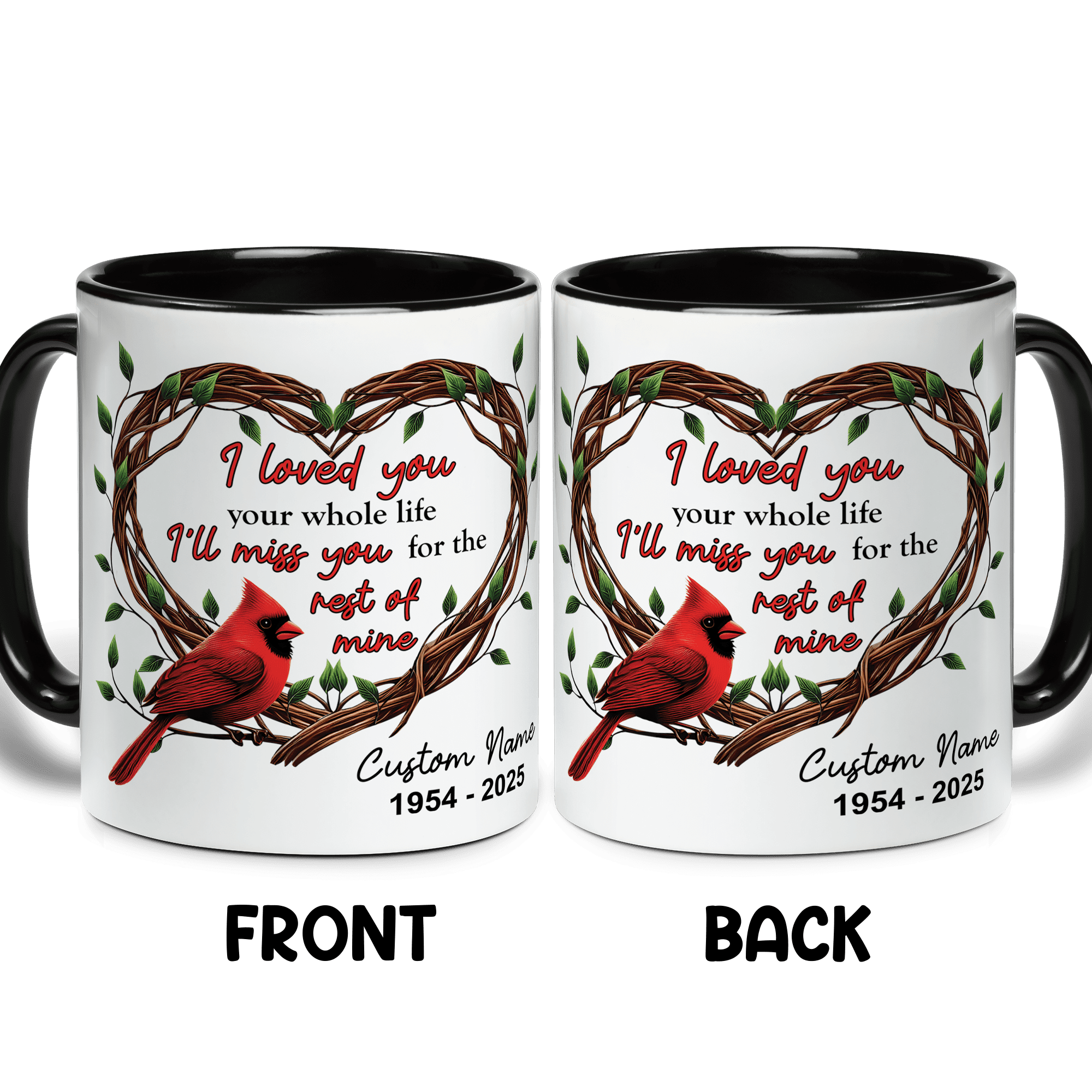 Lotusprinthandmade Personalized Cardinal Memorial Black Accent Mug (11oz) (Made In US), cardinal memorial coffee cup, cardinal mug