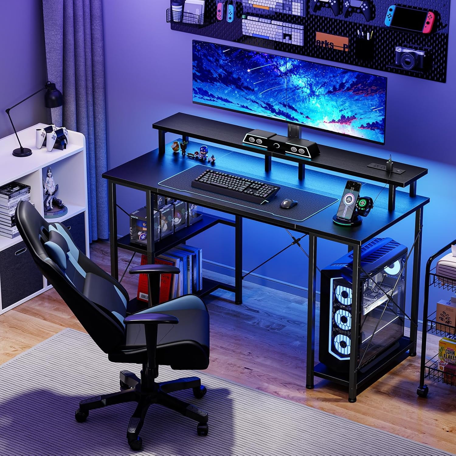 EDX 48 inch Gaming Desk with LED Lights & Power Outlets, Computer Desk with Monitor Stand & Storage Shelves, CPU Stand, Home Office Desk, Black