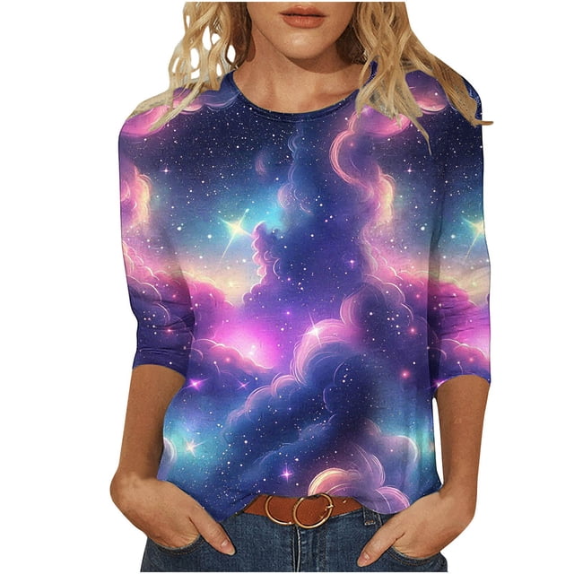 T-Shirt à Col Ras du Cou pour Femmes à Manches 3/4 et Imprimé Céleste, Haut Doux et Décontracté Rose