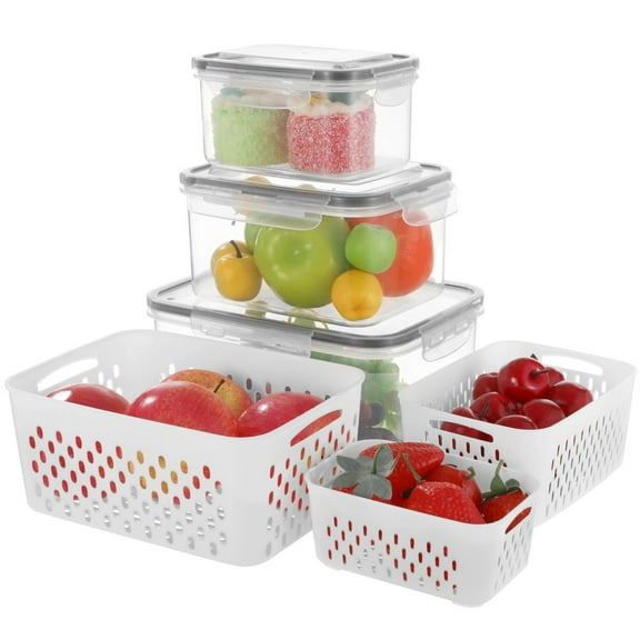 3 Pcs Fruit Storage Containers, Produce Savers with Lids for Fridge, Refrigerator Vegetable Containers with Draining Baskets, Airtight Food Keepers for Kitchen, Microwave Safe