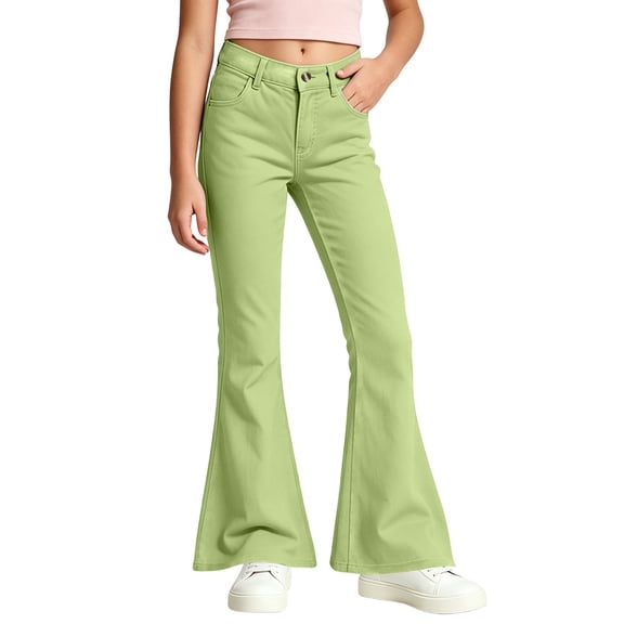 Mitankcoo Girls High Waist Flare Pants Classic Stretch Trousers with Pocket for Kids Fashion Casual 5-16Y