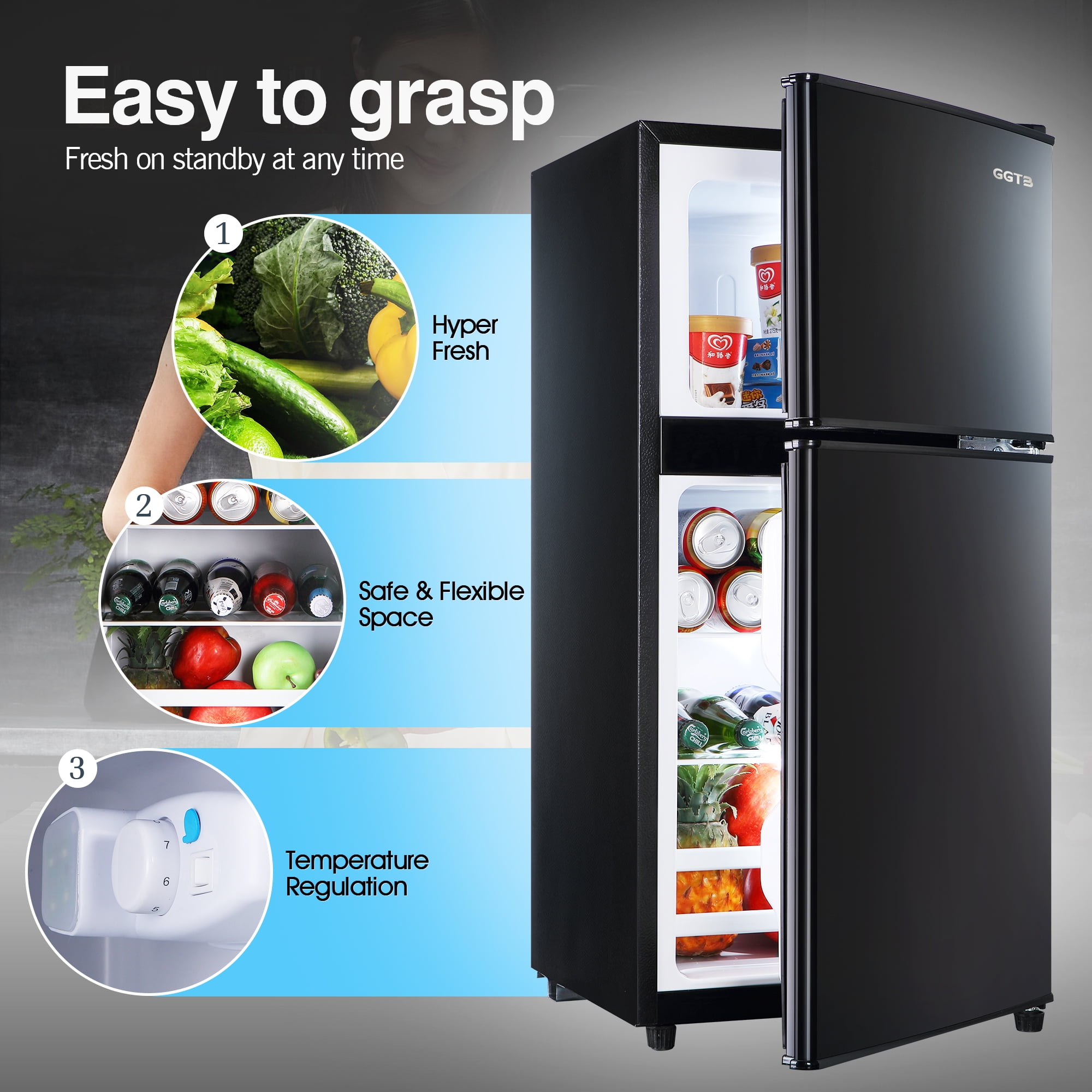 GGTB 3.0 Cu.ft Retro Compact Two Door Refrigerator, Mini Fridge with Freezer Compartment, Reversible Doors, Removable Shelves, Black