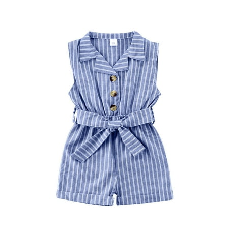 

Bmnmsl Baby Jumpsuit Striped Turn-Down Collar Sleeveless Bodysuit One-Piece for Toddler Girls White/Blue/Khaki/Lake Green