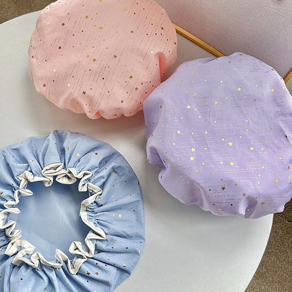 Riguas Women Shower Hat Double Layer Thickened Elastic Band Waterproof Reusable Hair Protection PVC Glitter Stars Pattern Bath Hair Hat for Home