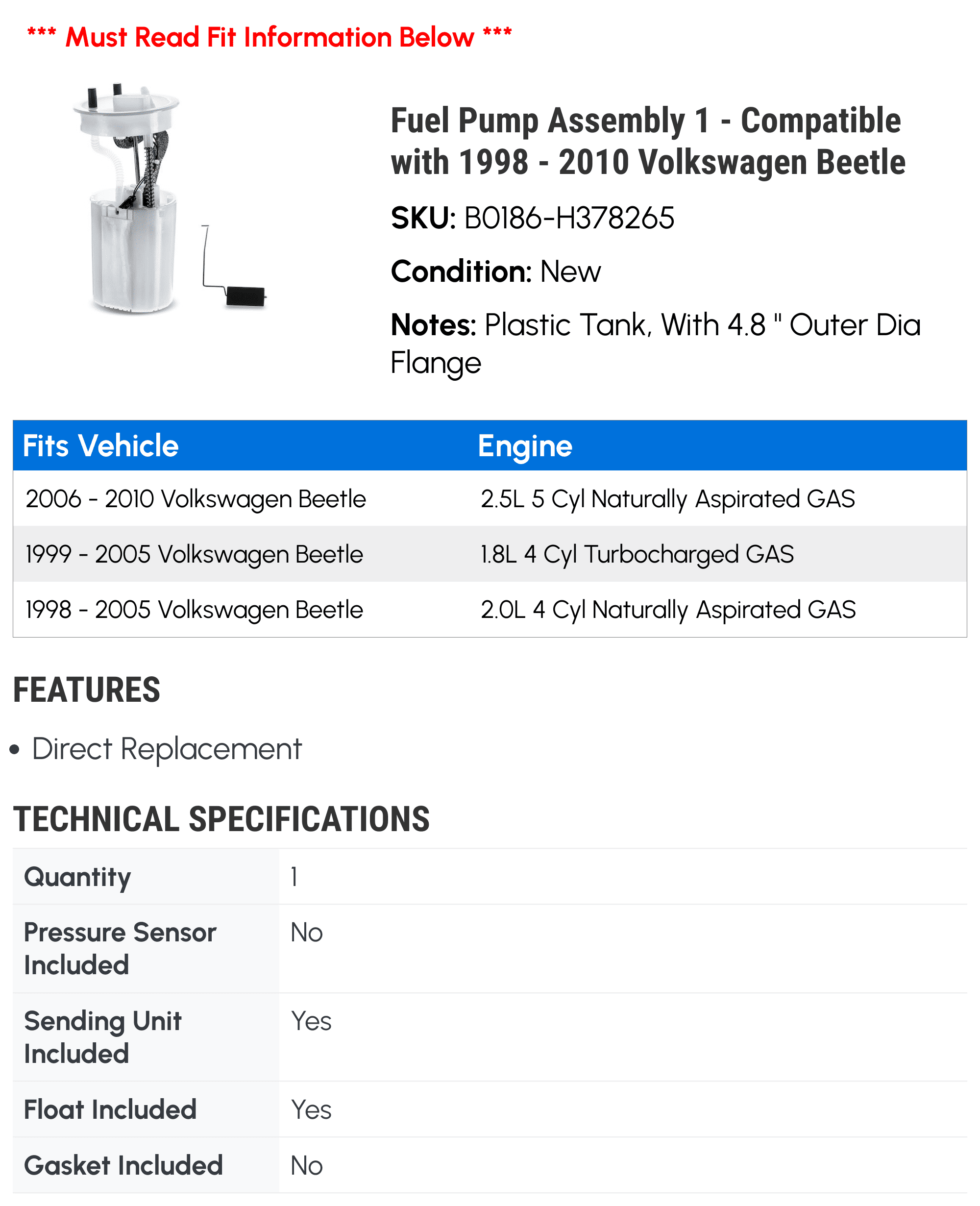 Fuel Pump Assembly 1 - Compatible with 1998 - 2010 Volkswagen Beetle - Autopart Premium