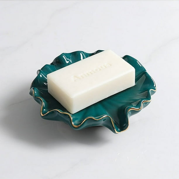 Jabonera de cerámica, forma de hoja de loto nórdico, jabonera con adornos dorados, jabonera de cerámica para hotel, hogar, baño, cocina, fregadero, jabonera superior, verde