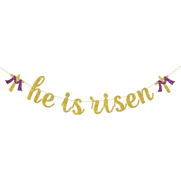 He is Risen Banner, Easter Cross Jesus Party Bunting, Spring Easter Resurrection Party Decorations Supplies Banner, Gold Glitter