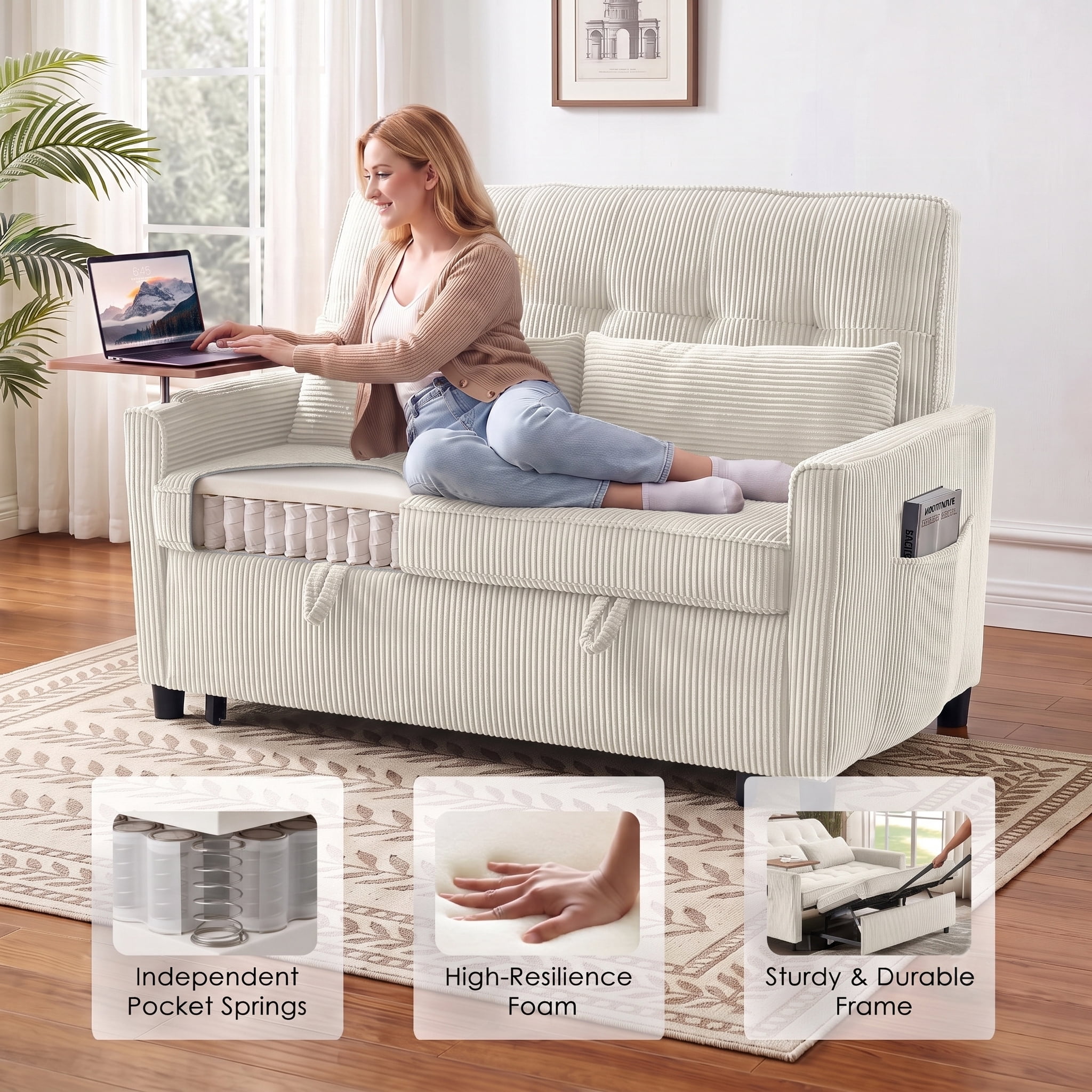 avobird 54'' 3 in 1 Pull Out Sofa Bed, Convertible Couch with Adjustable Backrest/Side Pockets/USB Charging Ports, Sleeper Sofa with small table for Living Room, Beige