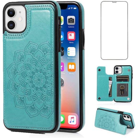 Design for iPhone 11 Wallet Case,PU Leather Phone Case with Screen Protector Card Holder,Stand Kickstand Shockproof Flip Protective Cover for iPhone11/Eleven Women Men Girls 6.1 inch Green