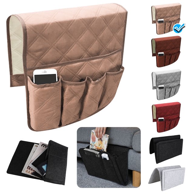 Sofa Couch Armrest Remote Control Storgae Organizer, Non-Slip Arm Chair Recliner Caddy Pocket, 5 Pockets, Space Saver for Magazine, Books, TV Remote, Cell Phone, iPad-Brown/Gray/Beige/Red
