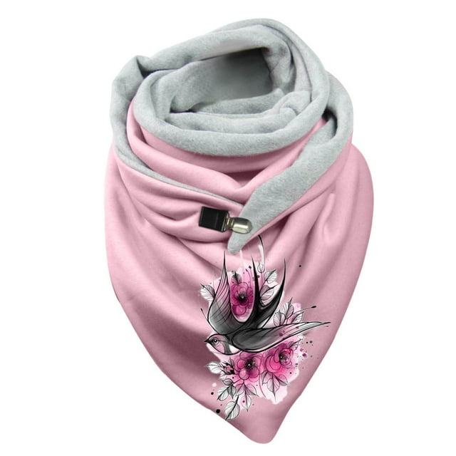Women Flowers Butterfly Print Cotton Winter Warm Button Up Scarf