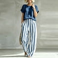 thumbnail image 6 of Costeam Womens 2 Piece Casual Outfit Set Solid Short Sleeve Crew Neck Top Striped Loose Full Length Pants Dual Side Pockets Elastic Waist Relaxed Fit Daily Matching Co Ord, 6 of 6