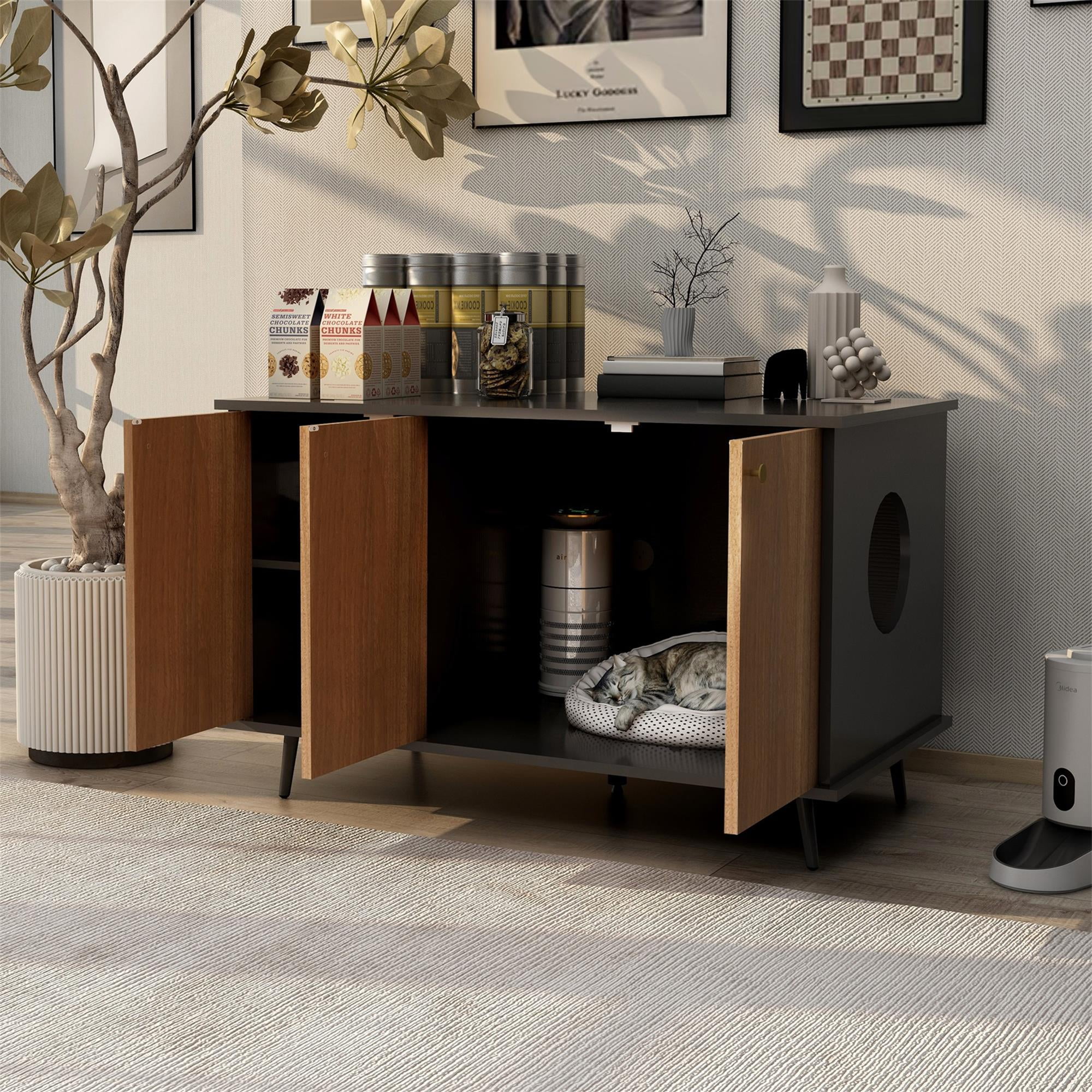 Pefilos 39" Hidden Cat Litter Box Enclosure Furniture, Modern Wood Cat House, Cat Washroom with Plug, Black+Brown Pefilos 39" Hidden Cat Litter Box Enclosure Furniture, Modern Wood Cat House, Cat Washroom with Plug, Black+Brown