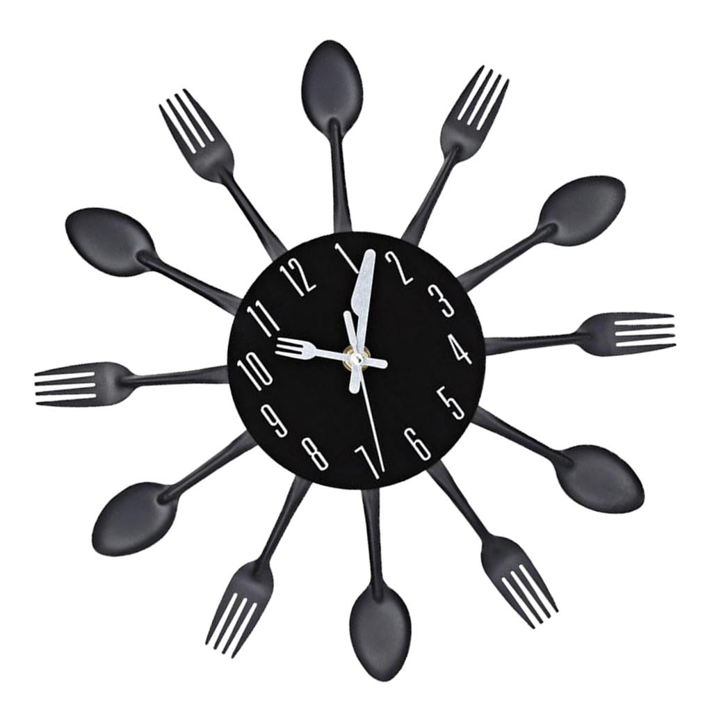 Wall Clock Metal Kitchen Cutlery Utensil Creative Home Decor Wall - Black