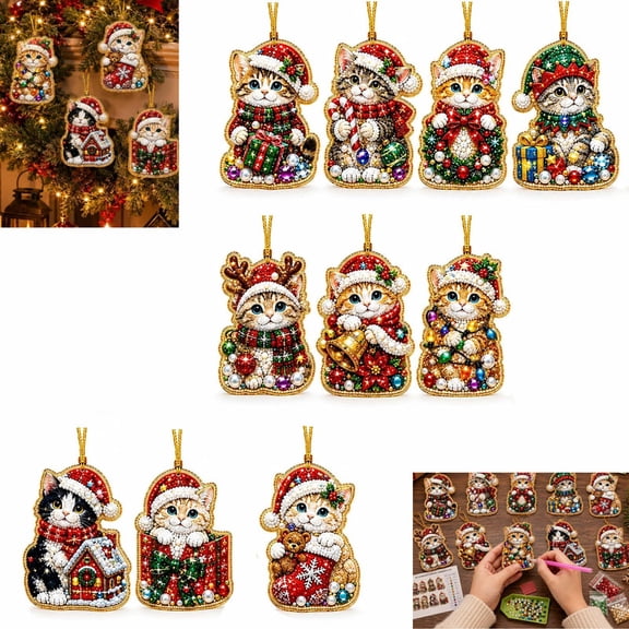 ALOEWXXR 10 Pcs 10PCS Christmas DIY Acrylic Pearl Art, DIY Diamond Painting Hanging Decorations, Double Sided Christmas Cats Tree Ornament Craft