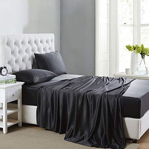 Lanest Housingsilk Satin Sheets 4 Piece King Size Bed Sheet Set With Deep Pockets Cooling And Soft Hypoallergenic Black Com Piece King Size Satin Bed Sheet, Black Silk Bed Sheets King Size Egypt