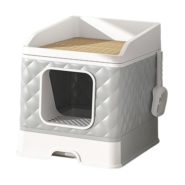 DOLITY Semi-Enclosed Cat Litter Box, Front Entry, Top Exit, Detachable Cat Potties, Cat Gray