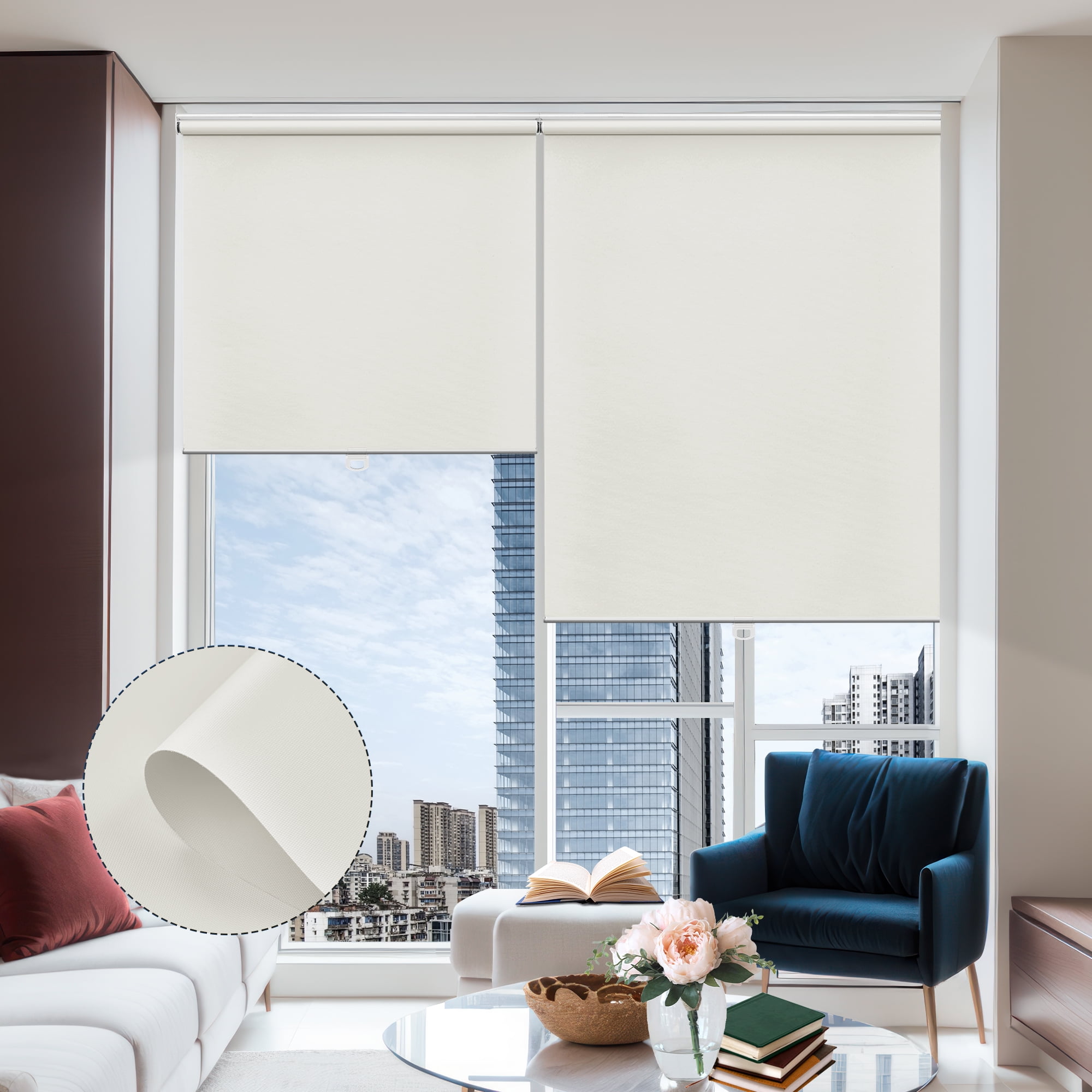 Keego Cordless Roller Blinds for Window 100% Blackout Privacy Bedroom Shade UV Protection Blinds for Office and Home, Ivory, 27"W x 42"H