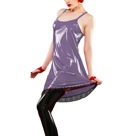 Night Party Sexy PVC Leather Spaghetti Strap A-line Dress Women Lingerie Female Sleeveless Sling Pajamas