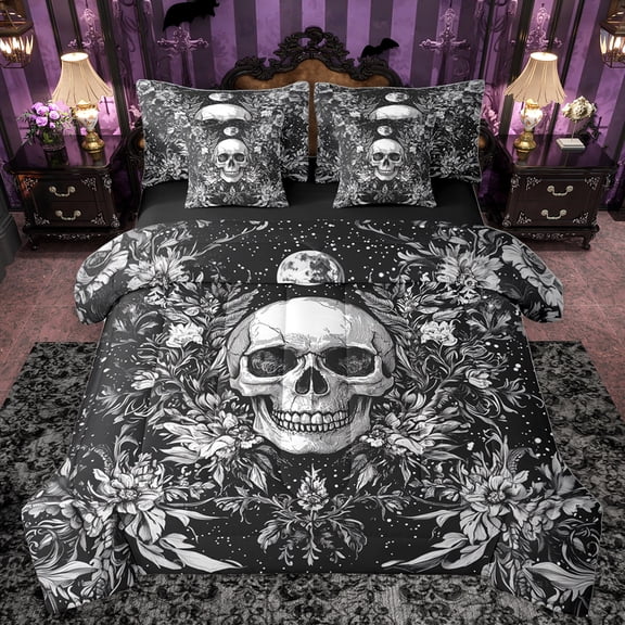 Homewish Spooky Skull 7-Piece Bedding Comforter Set,Gothic Skeleton King Bedding Sets,Rustic Flower Print Bed Sheets For Men Women,Breathable Home Decor Reversible