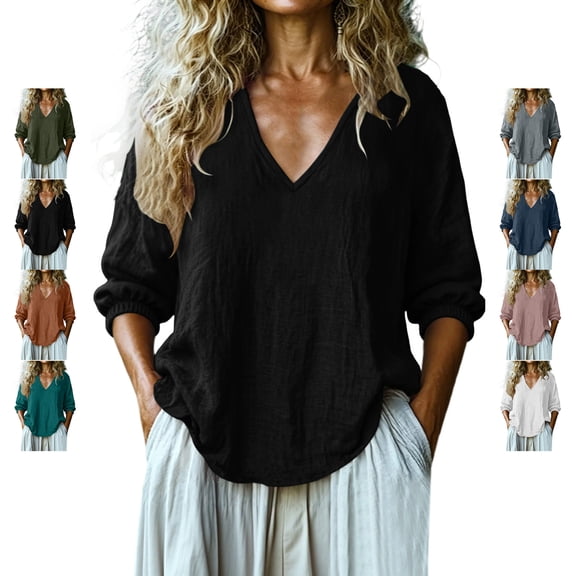 TGSLY Women's 3/4 Balloon Sleeve Tops Lightweight Soft V Neck Crinkle Cotton Shirts with Elastic Cuffs Loose Fit Dressy Casual Solid Color Blouses S
