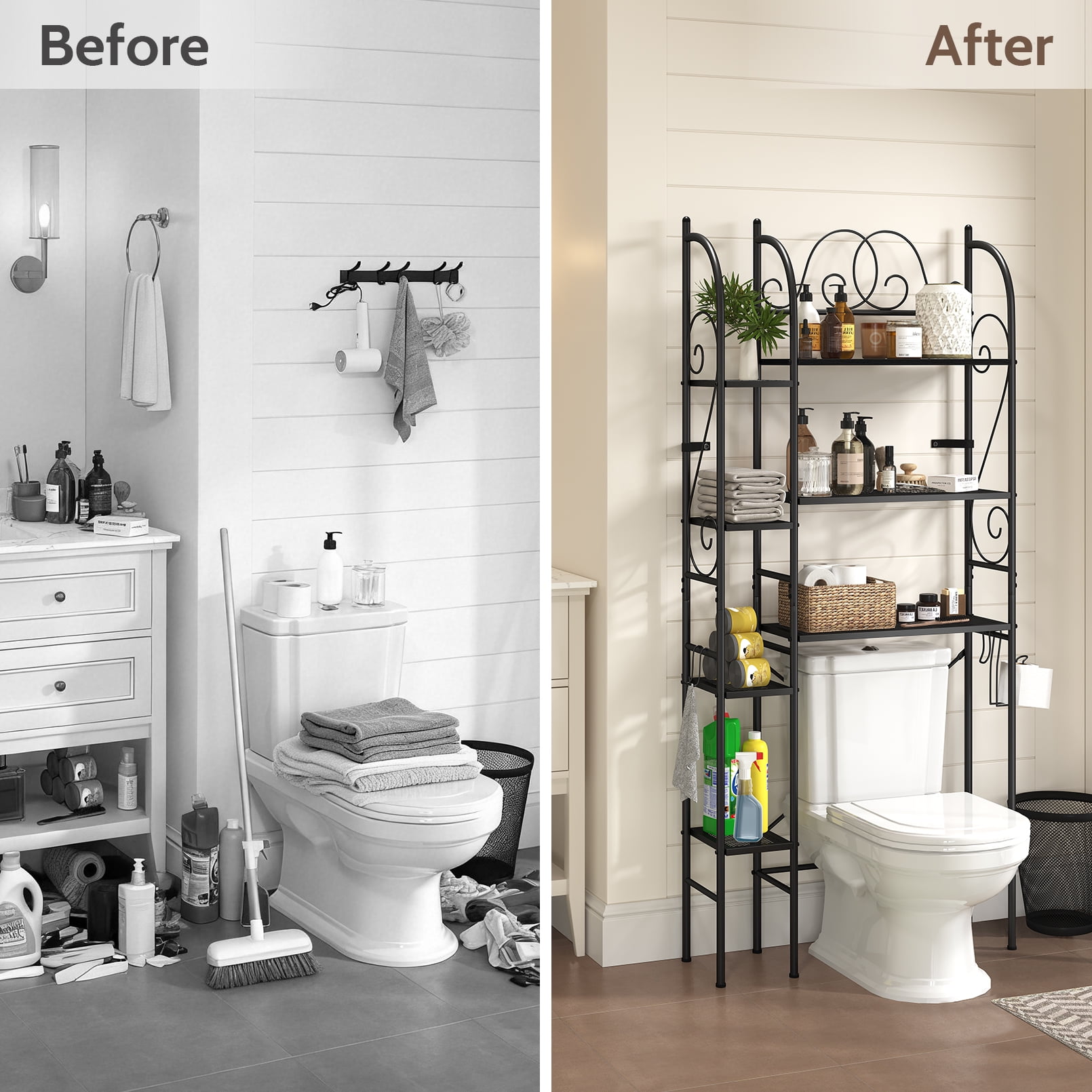 7-Tier Over the Toilet Storage Rack, Heavy-Duty Metal Bathroom Organizer with Adjustable Shelf, Dual Toilet Paper Holders, Side Hooks, Space Saver for Small Bathroom Storage, Black