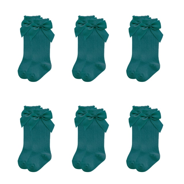 Laklulu 6 pares de medias de bebé de color verde oscuro con lazo, calcetines de tubo medio de algodón para otoño/invierno para niñas