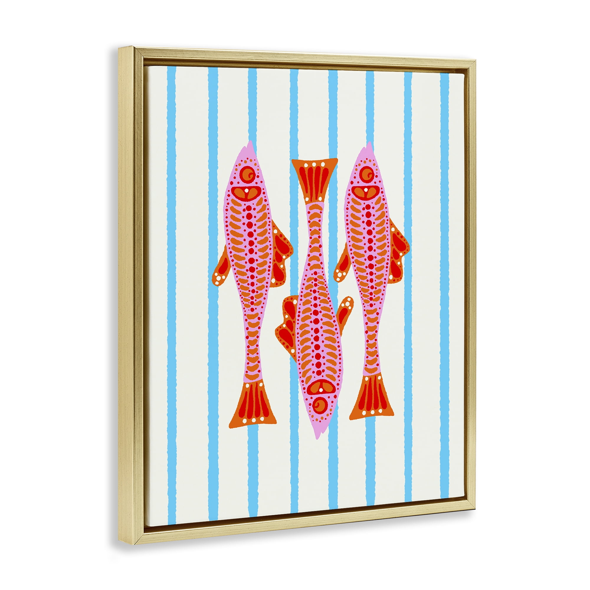Stupell Industries Bright Aquatic Fish on Stripes Gold Framed Floater Canvas Wall Art, design by Indira Prieto | IndySign