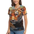 thumbnail image 2 of Zufioo Colorful Plant Tiger Print Women's Classic V-neck T-shirt, V-neck Short-sleeved Tops Home Wear, Suitable for Daily Life, Work, Outdoors-Small, 2 of 8