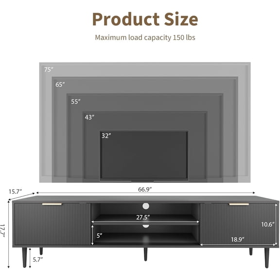 Acekid TV Stands For Living Room For 75 Inch TVs Entertainment Center With 2 Large Storage Cabinets Adjustable Hinges Wood TV Stand Mid-Century Modern Media Console Table For Bedroom Office Black