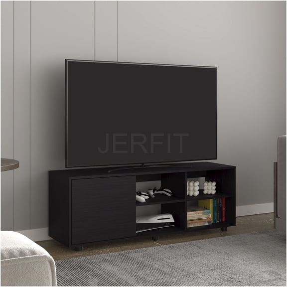 JERFIT 60 inch TV Stand with Cabinet & Shelves, Modern Entertainment Center for Living Room, Black