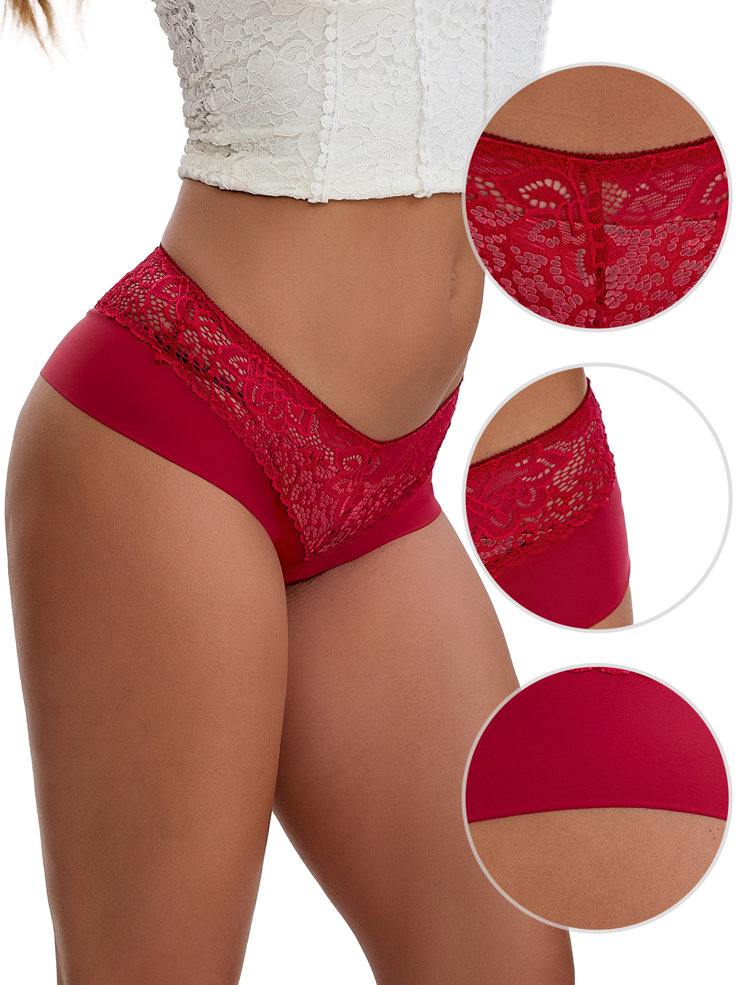 Unique Bargains Women's Lace Ice Silk Mid Rise Comfort Underpants L Wine Red