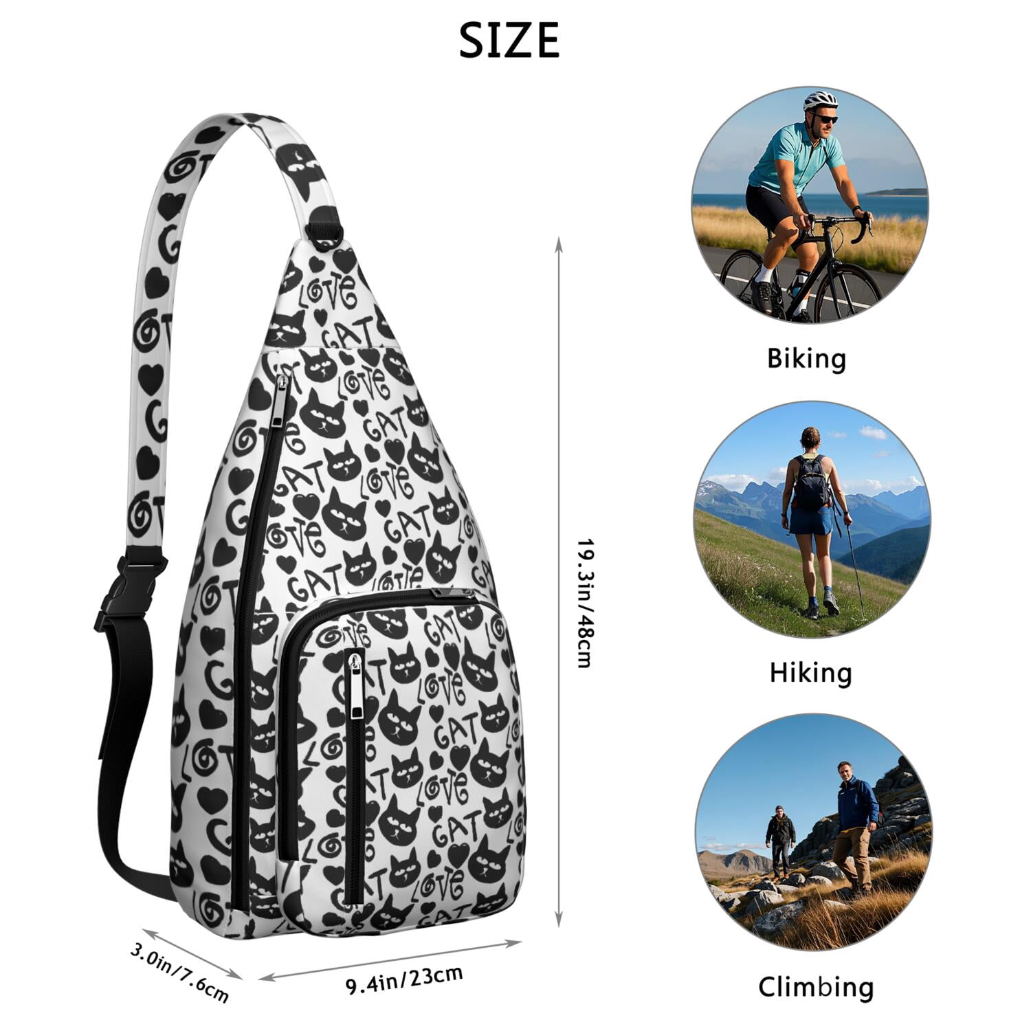 Floral Cat Shoulder Bag - Hand-drawn Cat Graphic Sling Backpack (Lightweight & Breathable, Organized Storage)