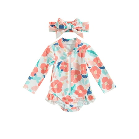 

Liliz Toddler Girls Summer Romper Swimwear Long Sleeve Floral Bathing Suit with Headband
