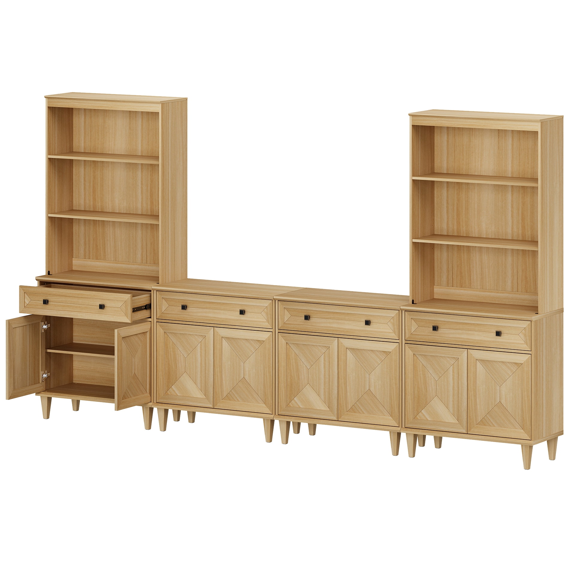 WAMPAT Patchwork 126" TV Stand with Cabinets and Shelves for 70" TV, Oak