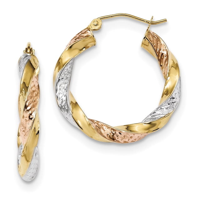 14K Tri Color Gold Tri-color Polished & Diamond Cut Twist Hoop Earrings