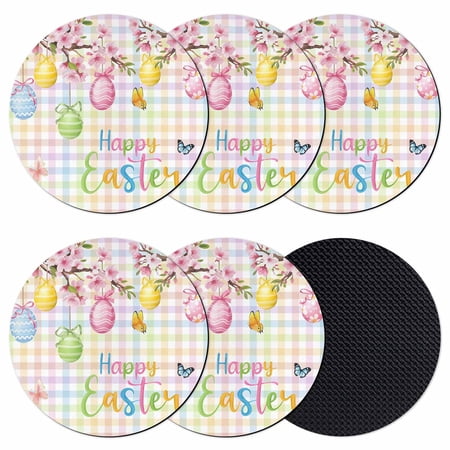 Happy Easter Coasters Set of 6 Absorbent Coasters for Drinks Spring Colorful Eggs Butterfly Plaid Checkered Coaster for Desk Coffee Table Protection Home Decor House Warming Gifts 4