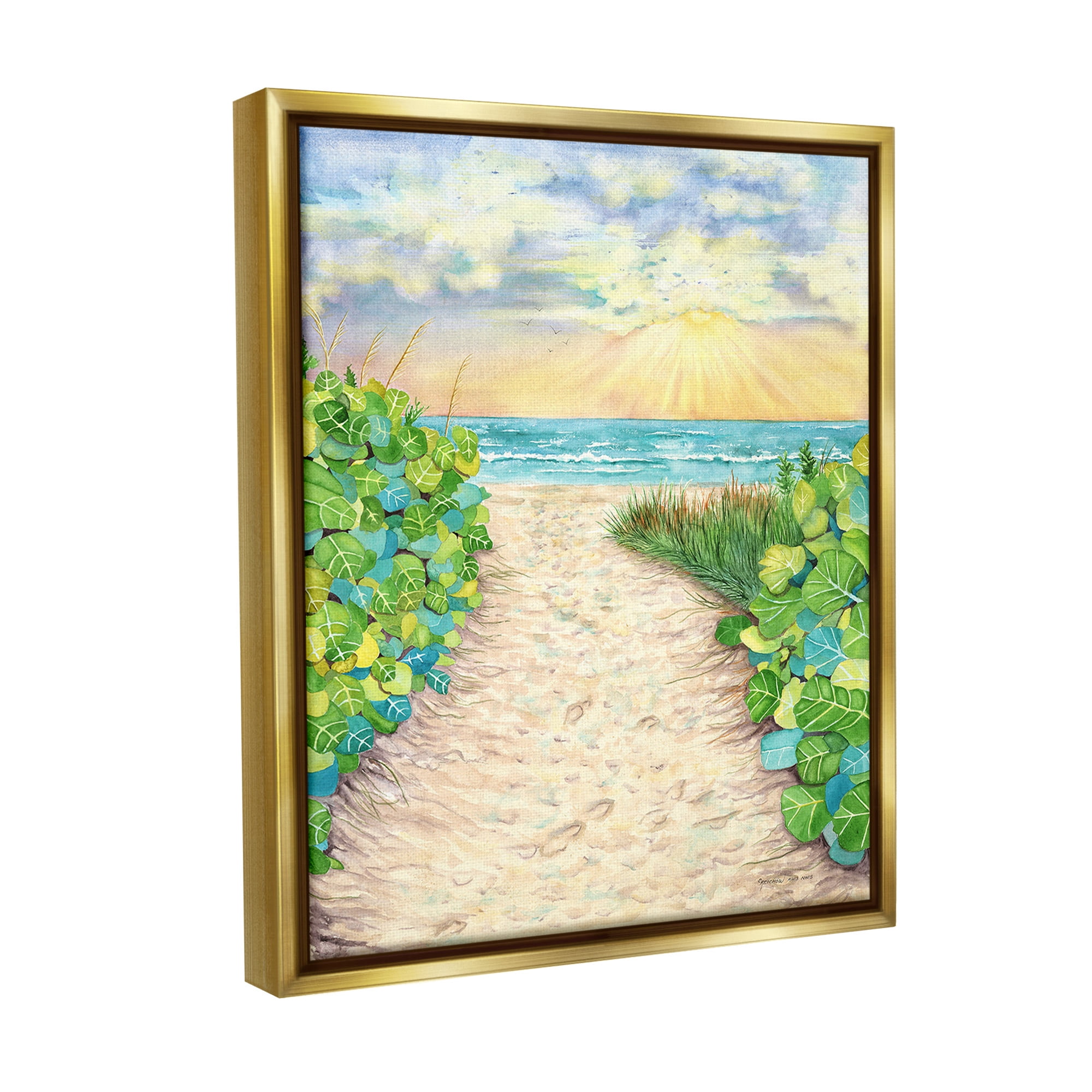 Stupell Industries Lush Beach Botanicals Landscape Painting Gold Floater Framed Canvas Art Print Wall Art, 17 x 21