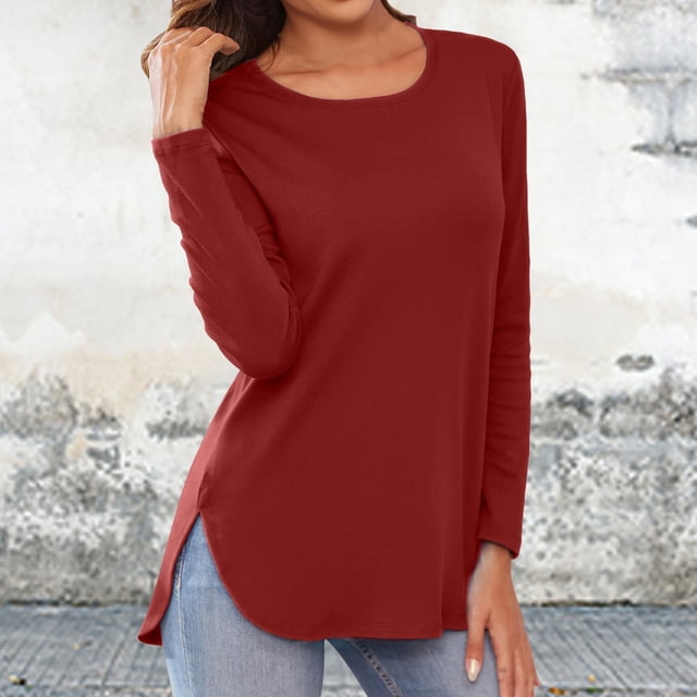 MKLEKYY Playeras Camiseta Informal De Manga Larga Para Mujer, Cuello Redondo, Abertura Lateral, Estilo Túnica Holgada De Otoño Talla XL