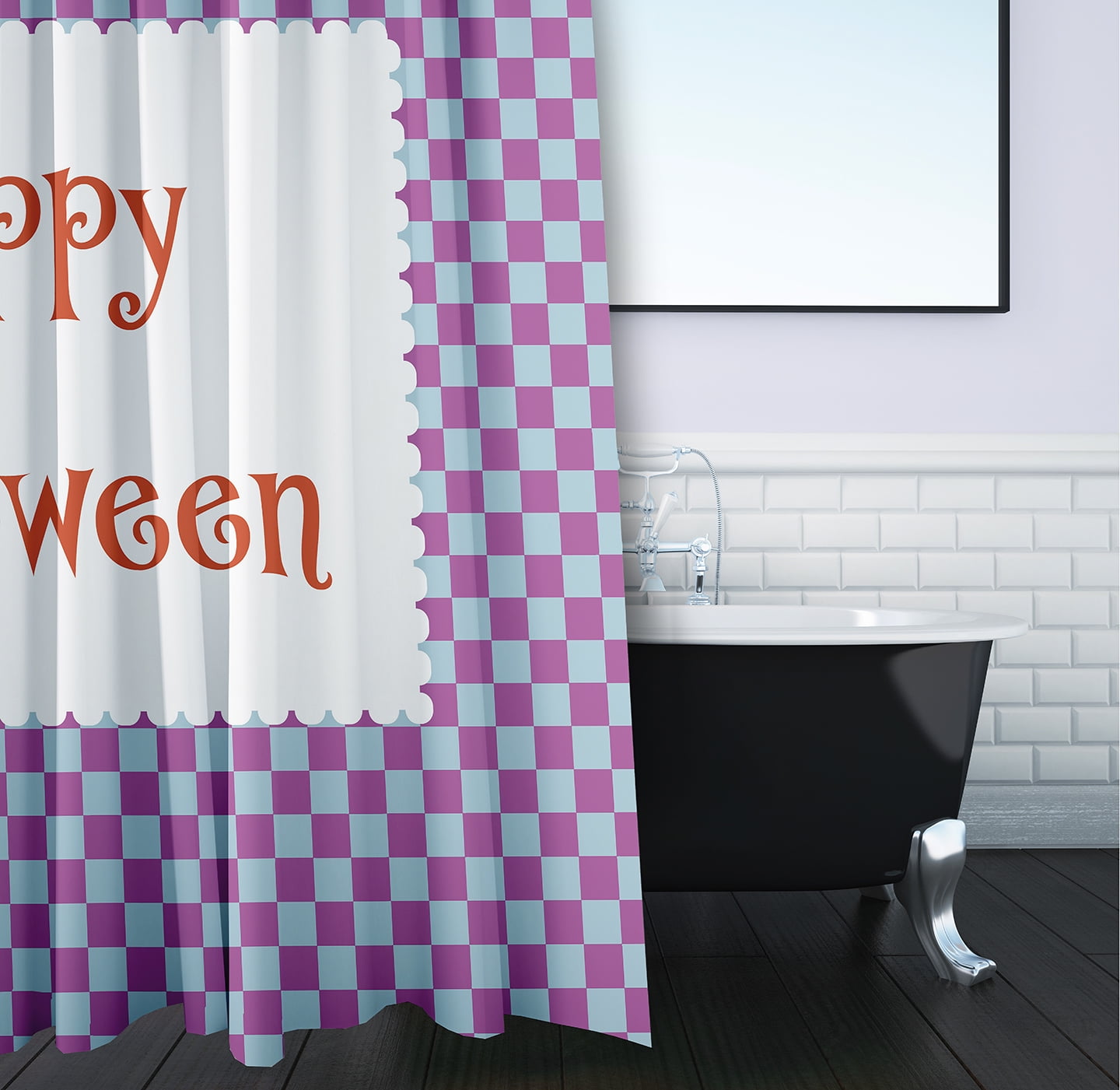 Simply Daisy 70" W x 73" L Halloween Happy Halloween Checks Polyester Shower Curtain, Orchid [1 Ct]