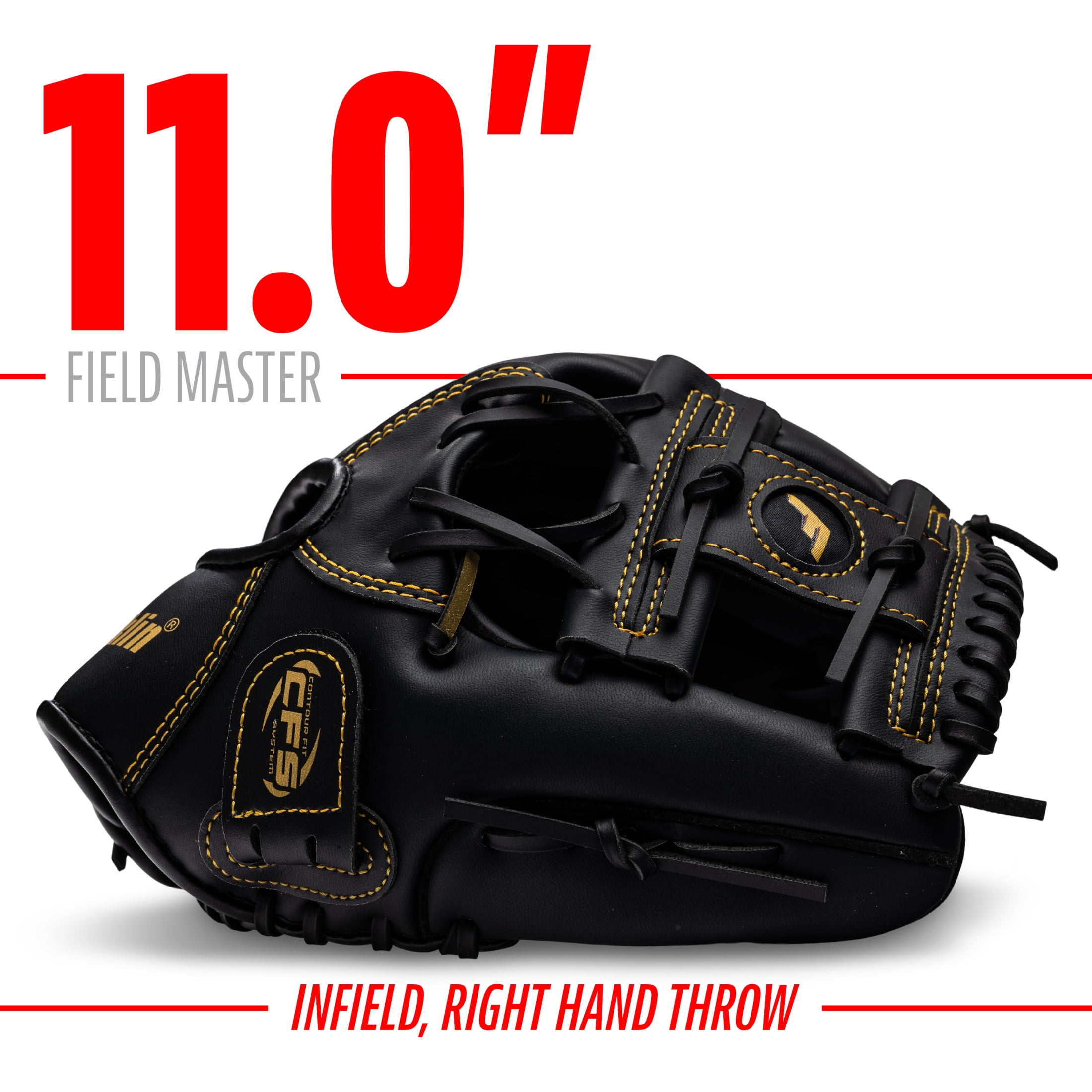 Franklin Sports Field Master Baseball + Softball Glove, 11 in, Black/Gold, Right Hand Throw