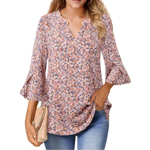 Weardear Women's Work Blouses Ruffle 3/4 Sleeve Dressy Top V Neck Casual Chiffon Tunic Blouses Business Shirts