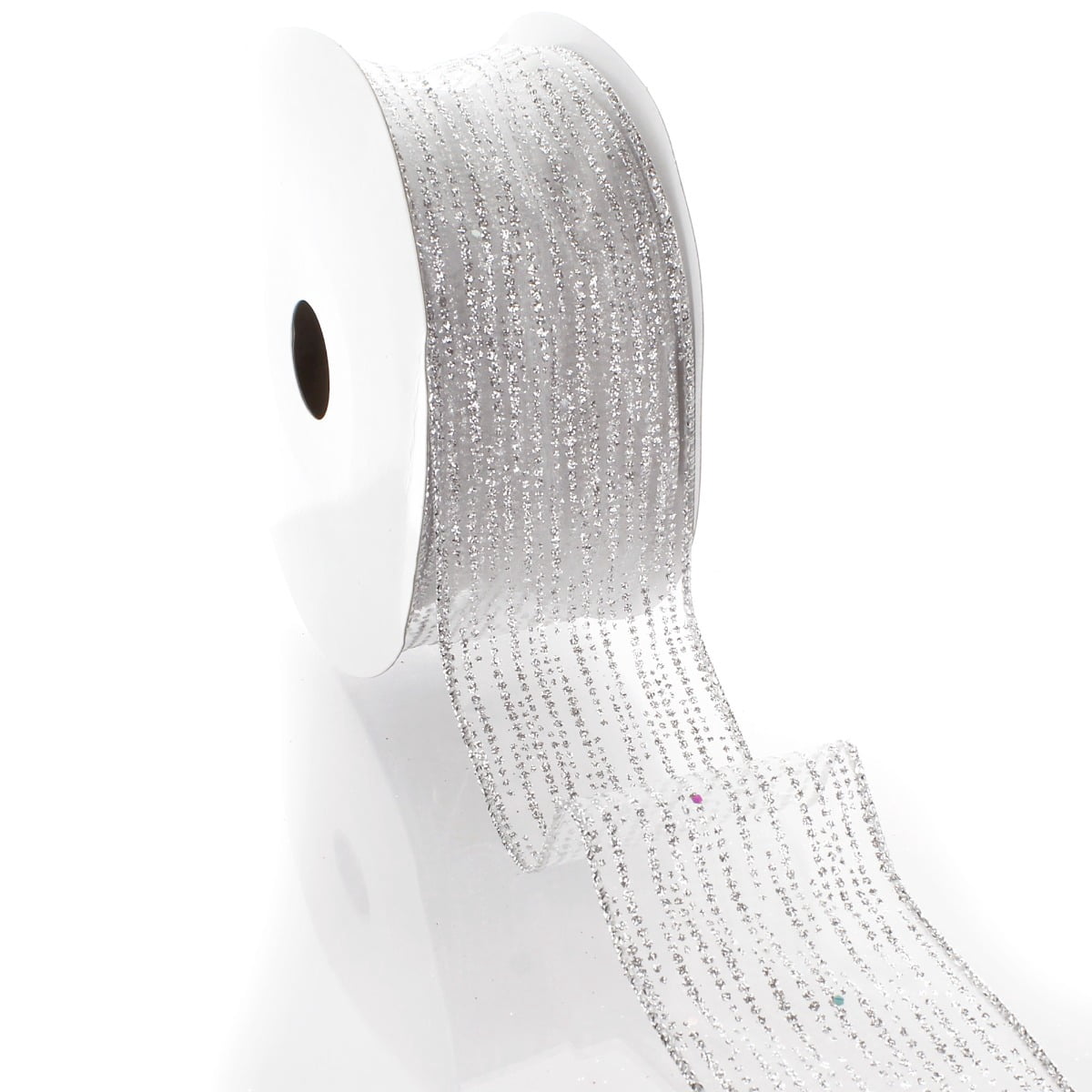 Ribbon Traditions Horizontal Glitter / Sequin Stripes Sheer Wired Ribbon 2 1/2 Inch by 25 Yards - Silver