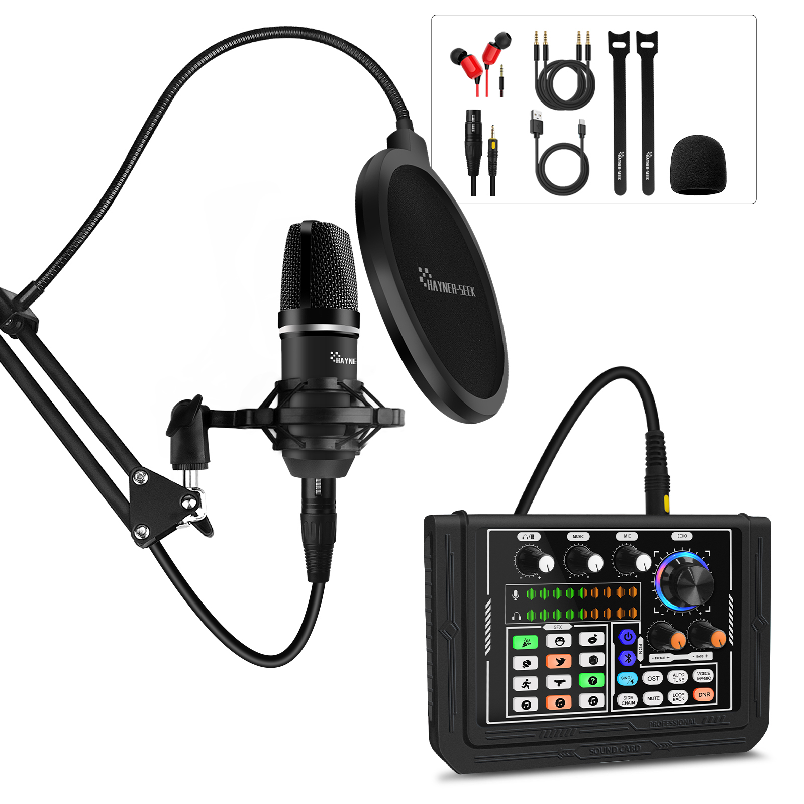 Podcast Equipment Bundle, DJ Mixer Sound Mixer ALLINONE Kit with 3