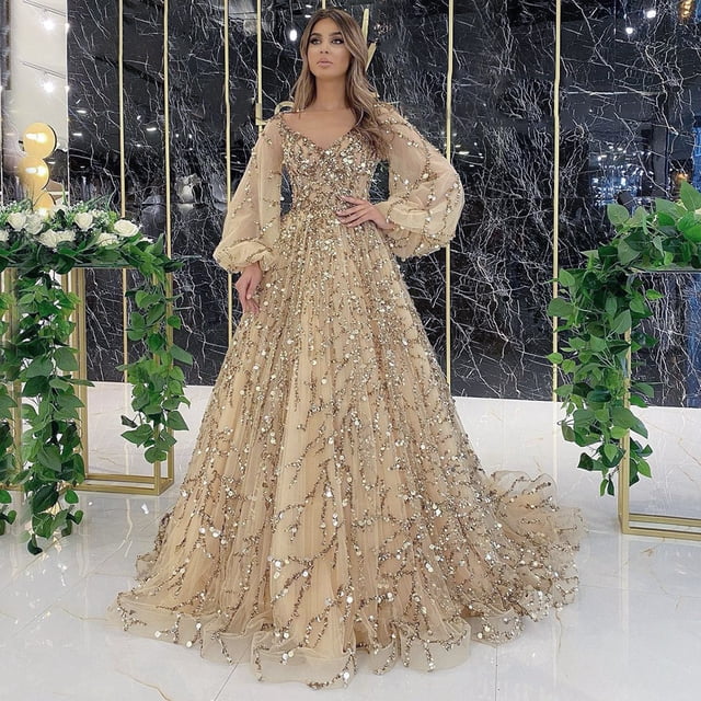 Vestido de noche de lujo con cuentas de industria pesada dorada, vestido de reina de temperamento sexy de alta sociedad