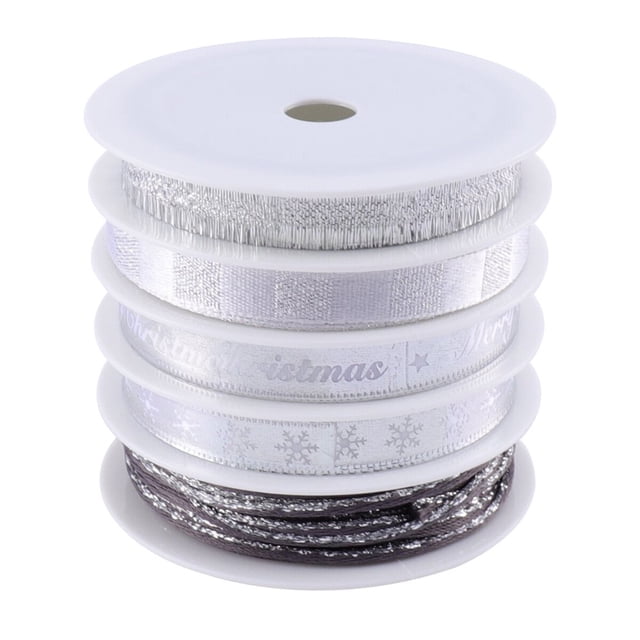 LEEYNEER 5 Rolls of 25m Length Christmas Printed Ribbon Holiday Gift Decorative Band Ribbon for Wrapping DIY Crafts(Silver)